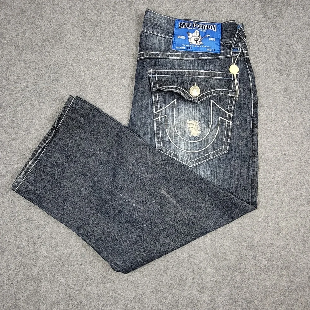 True Religion Ricky Jeans Mens 38x24 Blue Paint Splatter Contrast Stitch USA